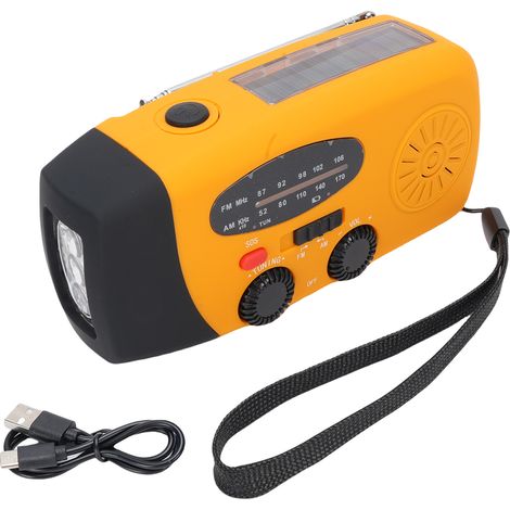 Radio d'urgence AM/FM portable, solaire et à manivelle, lampe LED, alarme SOS, batterie 5000 mAh, orange, IPX3 (1/5)