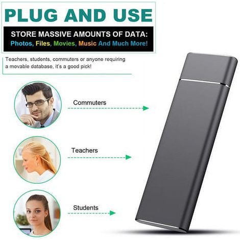 Disque SSD externe portable 1To pour PC, ordinateur portable et Mac, stockage de données rapide, transfert de fichiers haute vitesse, mémoire flash USB-C, périphérique de sauvegarde nomade
