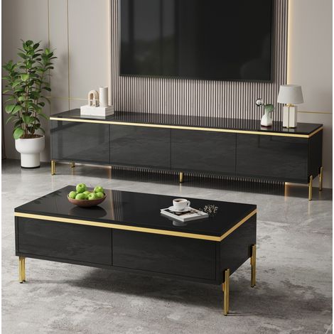 TV-Möbel & Couchtisch Set 170x38x50 + 100x50x36 cm, schwarze Paneele – MEUBLIV (1/5)