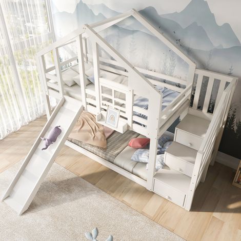 Cama infantil tipo casa árbol 90 x 200 cm con tobogán y barrera, blanca HAVRYA (1/5)