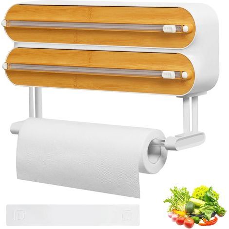 1 Dérouleur Film Alimentaire Magnétique, Support 3 En 1, Coupe Intégré, ABS Couleur Bois, Pour Tiroir Cuisine (1/5)