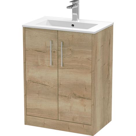 Winshill Contemporary 2 Door Floor Standing Vanity Unit with Minimalist Basin, Light Oak, 600mm