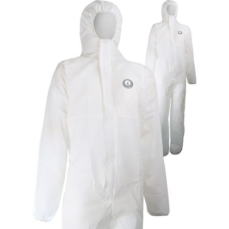 Combinaison de Protection Chimique Jetable SINGER PLY56 - Non-Tisse SMS Blanc - Type 5 & 6 - Antistatique - Capuche - Usage Unique (1/2)