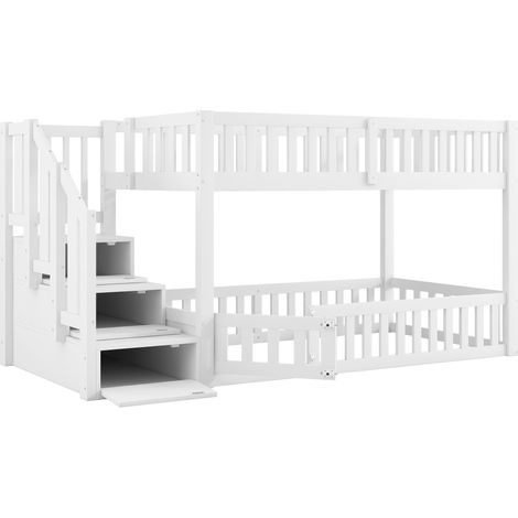 Litera 90 x 200 cm blanca con escalera de almacenaje, pino y MDF (1/5)