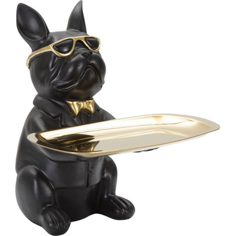 Scultura Bulldog svuotatasche in resina nera con vassoio oro