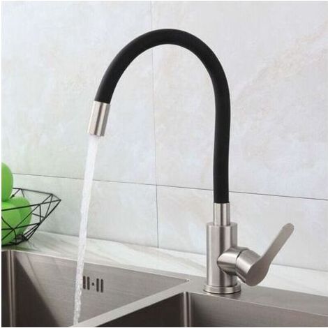 Robinet de Cuisine Flexible Bec Haut Orientable, Mitigeur Évier Monotrou Eau Chaude et Froide, Acier Inox Brossé Noir (1/5)