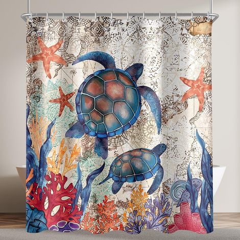 Duschvorhang 240x200cm Schildkröte Seesterne Antischimmel Textil wasserabweisend (1/5)