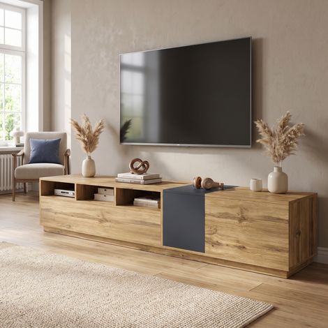 Meuble TV 200 cm avec Compartiments Ouverts et Portes, Panneau de Particules, Style Moderne, Gris Noir et Bois (1/5)