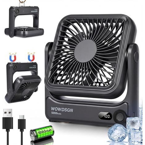 Ventilateur silencieux, 5000 mAh, 4 vitesses, avec écran LED, ventilateur USB compact, design Ultra-Léger (4,9 cm), inclinaison à 135° – ventilateur portable pour bureau, voyage, maison (1/5)