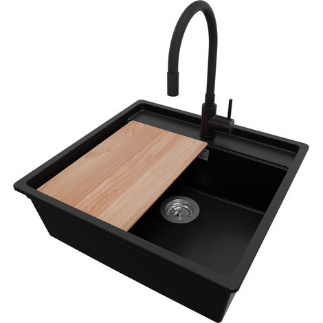 PRIMAGRAN Evier d'angle en Granit 56x53cm, Lavabo Cuisine 1 bac + Robinet 40x38cm + Kit de Vidage + Accessoire, Évier à Encastrer au meuble 60cm - Bergen, Noir (1/5)