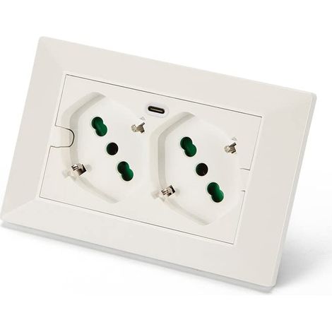 FANTON 421000-Multipresa universale da incasso OPERA/PLA doppia presa bipasso 2P+T 16A 1 presa USB-C 5V 3A precablata 3 moduli + adattatore USB C/A (1/4)