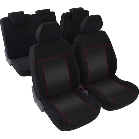 Jeu complet de housses de sièges - Universelles - Voiture/Auto - Lavable - Avant / Arrière 2/3-1/3 - Tissu noir avec surpiqure rouge