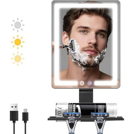 DESCHEN Miroir de douche chauffant sans buée pour homme avec 3 lumières de couleur, 5000 mAh rechargeable anti-buée miroir de rasage pour douche sans mousse, support de rangement 24,1 x 19,1 cm (1/5)