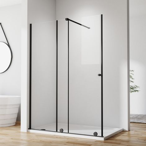 Walk in Duschwand 140x185 cm Schwarz Schiebetüren Dusche Duschtrennwand 6mm ESG-Sicherheitsglas Schiebetür Walk-IN Duschkabine, Montage auf Duschewanne oder Fliese