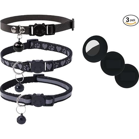 Lot de 3 colliers pour chat – Colliers réfléchissants réglables avec support – Colliers légers de 1 cm de large avec clochette pour chats (patte de patte, cuir, standard) (1/5)