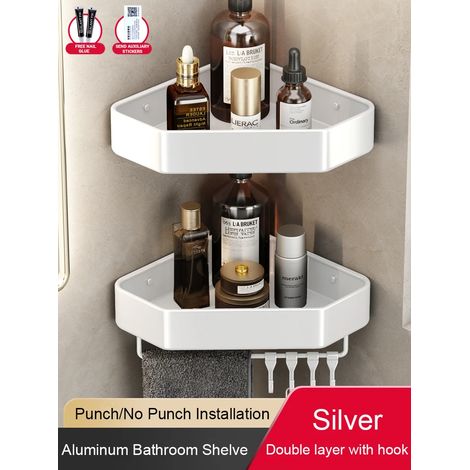 (2 argentées avec crochet) Étagère de salle de bain sans perçage, étagère d'angle en aluminium, panier triangulaire mural, organisateur de rangement pour salle de douche FR2006 (1/5)