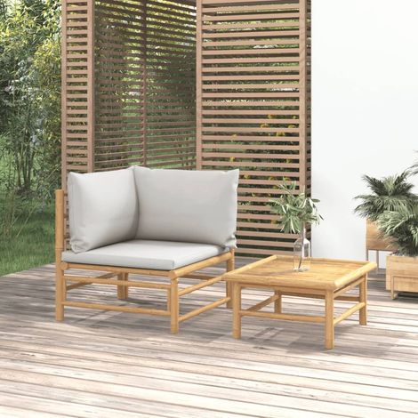 2 pcs Salon de jardin, Ensemble table et chaises de jardin, Meuble de jardin avec coussins gris clair bambou MKW975739 (1/5)