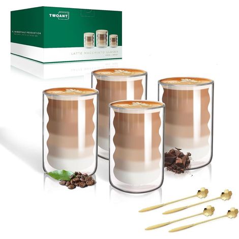 Doppelwandige Latte Macchiato Gläser 400ml 4er Set mit Löffeln aus Borosilikatglas (1/5)