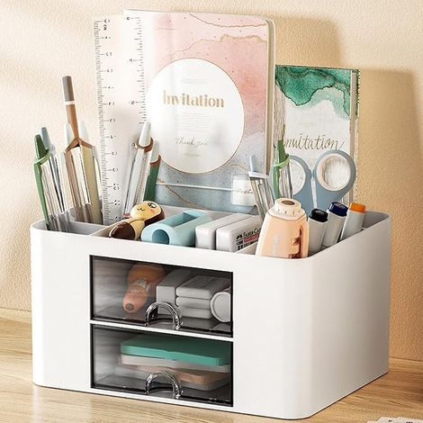 Multifunktionaler Schreibtisch-Organizer, Aufbewahrungsbox aus Kunststoff mit 5 Fächern, 2 Schubladen, Make-up-Organizer, Kosmetikbox für Zuhause, Schule, Büro (Weiß) (1/3)
