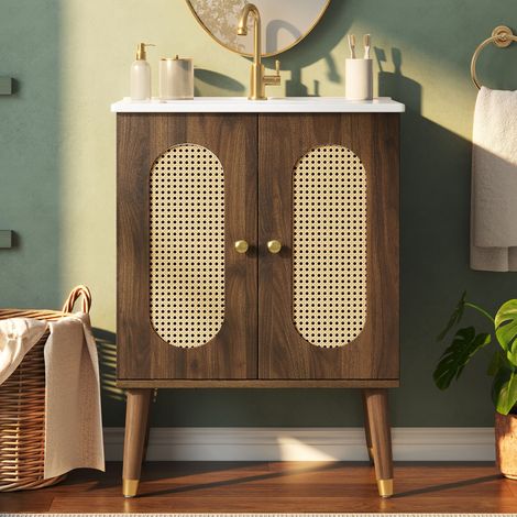Modernluxe - Meuble de salle de bain 61 cm avec vasque en céramique, sous-vasque sur pieds avec 2 portes en rotin, finition noyer - Marron (1/5)