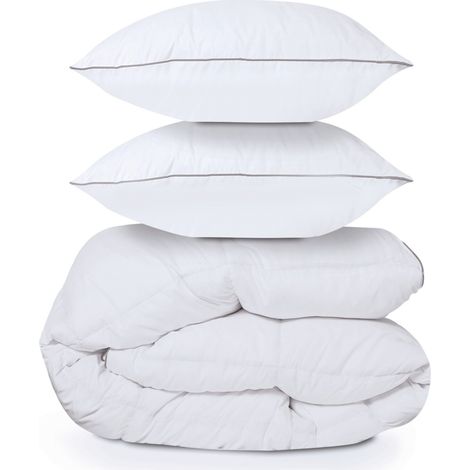 Idmarket – Couette 220x240 cm en plume d'oie 500 g/m² – Traitement anti-acarien – 2 oreillers 60x60 cm – Confort optimal hiver