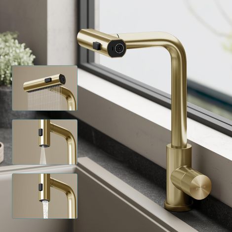 doporro Rubinetto per Cucina, 3 Modalità con Doccetta Estraibile, Rubinetto Lavello Cucina in Acciaio Inossidabile 304 con Cartuccia Ceramica, Tubi e Accesorri, Design Moderno Oro Turnix-02 (1/5)
