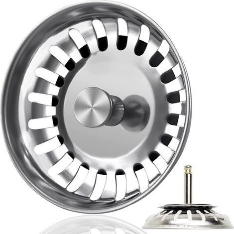 Piletta di scarico per lavello in acciaio inox da 82 mm con tappo, cestello per scarichi profondi 56-75 mm, filtro per scarico eccentrico. (1/4)
