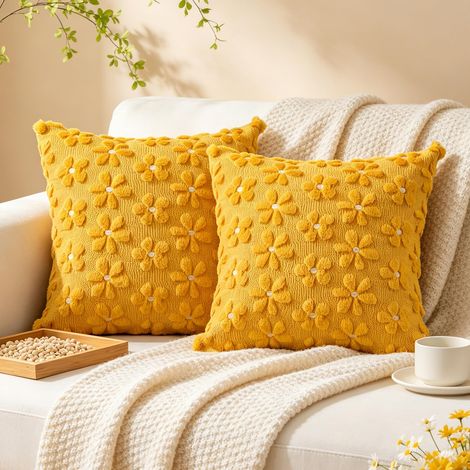 Lot de 2 housses de coussin 40 x 40 cm - Motif fleurs en laine - En velours côtelé - Pour salon, canapé, fauteuil - Jaune (1/5)