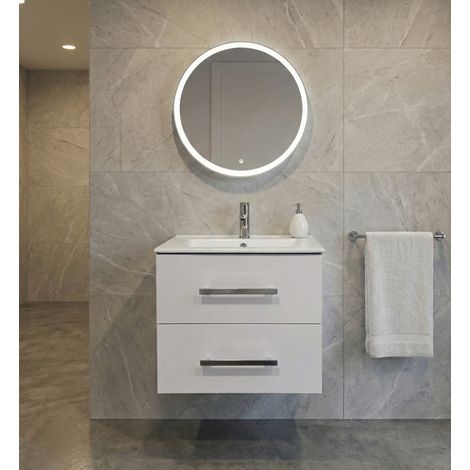 Meuble sous‑vasque Chania 60 cm Suspendu, Meuble de salle de bain laqué Blanc Brillant, 2 tiroirs amortis, poignées métal, miroir rond LED 60 cm inclus, meuble lavabo complet (1/5)