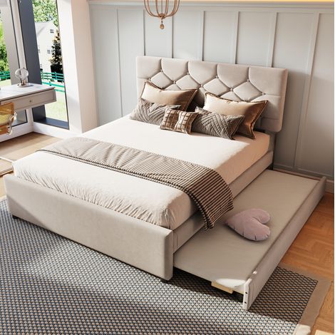 letto matrimoniale 140x200 estraibile velluto MDF beige HAVRYA (1/5)
