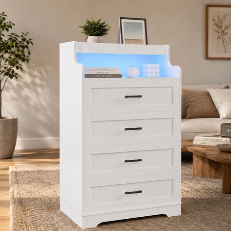 Buffet de rangement Chambre 114x39.5x73 cm, Buffet Salon, Armoire 4 Tiroirs, Haute Meuble pour Salon, Couloir, Blanche, avec LED (1/5)