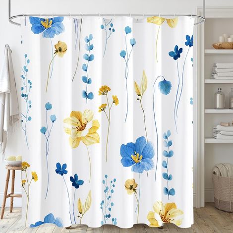 Rideau de douche floral aquarelle bleu et jaune, ensemble imperméable en tissu moderne minimaliste pour salle de bain, avec crochets, 183x183 cm (1/5)