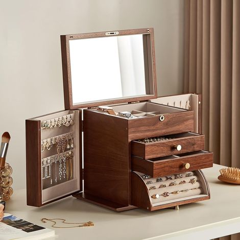Boîte Bijoux Noyer Noir 4 Couches Porte Latérales Miroir Serrure (1/5)