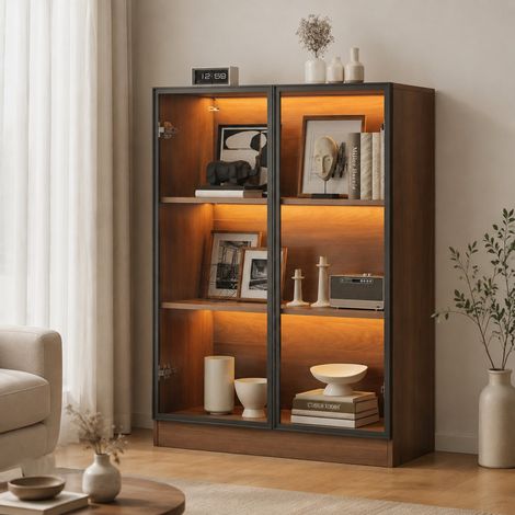 Vitrine aus Glas mit LED-Beleuchtung, Natur, 80 x 32 x 106 cm (1/5)