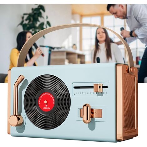 Enceinte Bluetooth d'extérieur portable et décorative, haute qualité sonore, compatible avec les clés USB, style rétro, bleue, idéale pour le salon ou le bureau. (1/5)