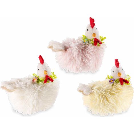 Petites poules décoratives en fausse fourrure douce avec couronne de fleurs, lot de 6, 19 x 9 x H. 18 cm