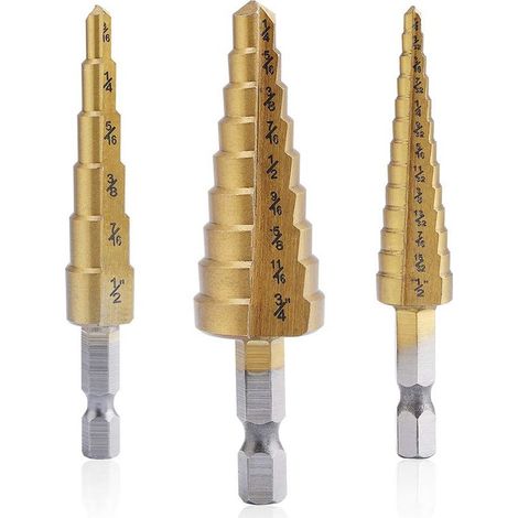Set mit konischen HSS-Bohrern (Titan-beschichtet) zum Bohren und Schneiden von Blechen, verschiedene Größen, für Heimwerker, 3-teilig