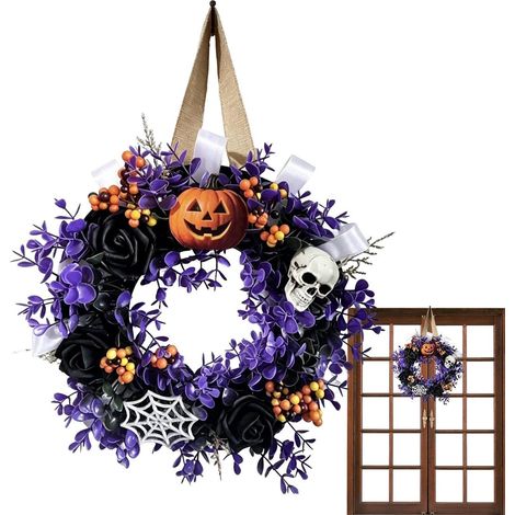 Couronnes d'halloween pour Porte D'Entrée Guirlande Crânes Et Citrouilles Décorations Couronne Festives Pour Récolte Extérieur Maison Salon Fenêtre Mur Cheminée Entrée