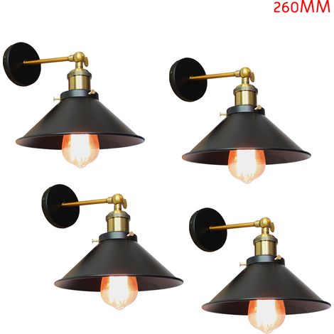 4 Stück Wandleuchte im Vintage-Stil, Industri 240° Verstellbare Wandlampe, Wandstrahler Licht mit Ø26cm Lampenschirm für Wohnzimmer Schlafzimmer (Schwarz)