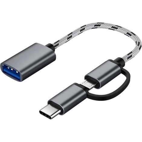 Il s'agit d'un câble de données USB OTG 2 en 1 (Type-C/Micro-USB vers 3.0), adaptateur tressé, adapté au transfert de données avec les téléphones Android (gris).