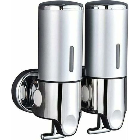 Double wall-mounted soap dispenser for shampoo, conditioner, shower gel, lotion, soap for bathroom or kitchen, silver (1/4)