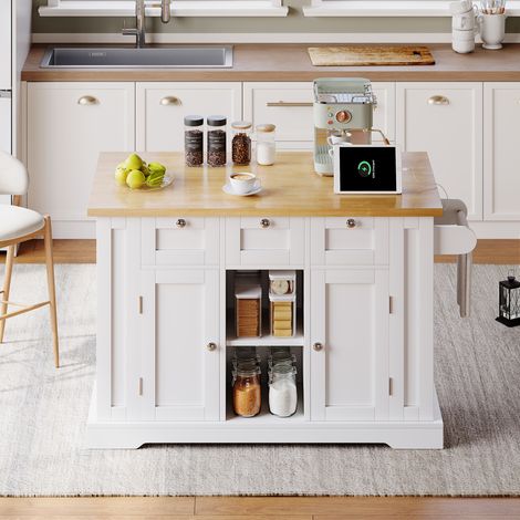 Table de cuisine mobile 132 cm, style maison de campagne, plan de travail rabattable, meuble multifonction, tiroir, porte-épices, porte-serviettes, 4 roulettes, prise intégrée, cuisine/salle à manger/