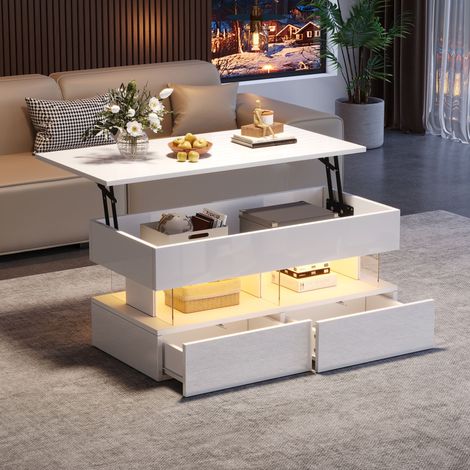 Table basse 100x50x46 cm relevable avec éclairage LED, plateau réglable rangement caché 2 tiroirs, design moderne haute brillance pour salon, blanc (1/5)