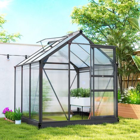 Serre de jardin polycarbonate 3,65m² 190 x 192 x 201 cm résistant aux UV fondation renforcé gouttière Gris (1/5)