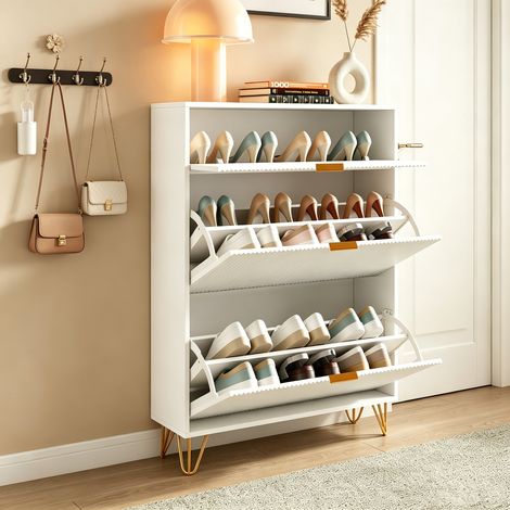 Meuble à chaussures blanc, Commode à Chaussures avec 3 portes, étagères doubles réglables, système anti-basculement, Dimensions 80 x 24 x 118.5 cm (1/5)