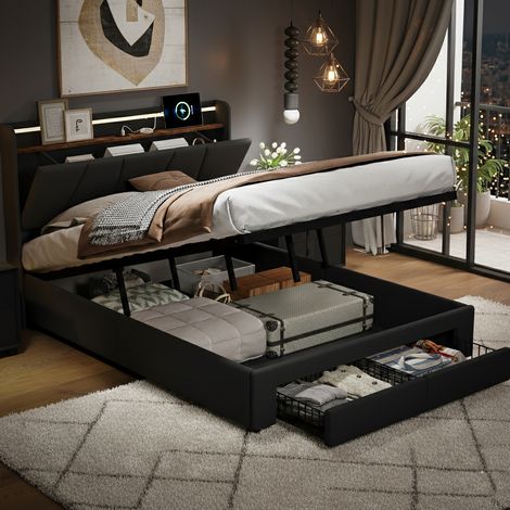 Lit coffre 140x190 cm avec sommier hydraulique & 2 tiroirs, cadre de lit capitonné avec éclairage LED et port USB, tête lit avec étagères ouvertes et rangement dissimulé, gris lin (1/5)