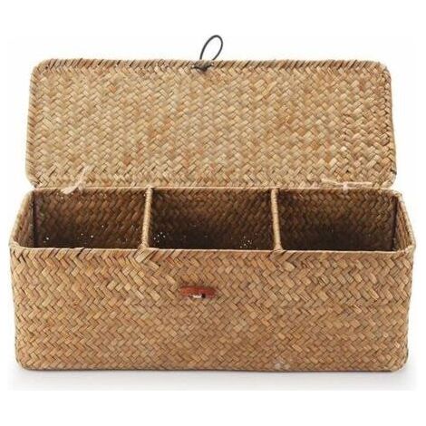 Panier Rangement Jonc de Mer avec Couvercle Rectangulaires Malle en Osier avec Compartiment pour Organiser des Jouets de Collation en Papier Toilette (1/3)