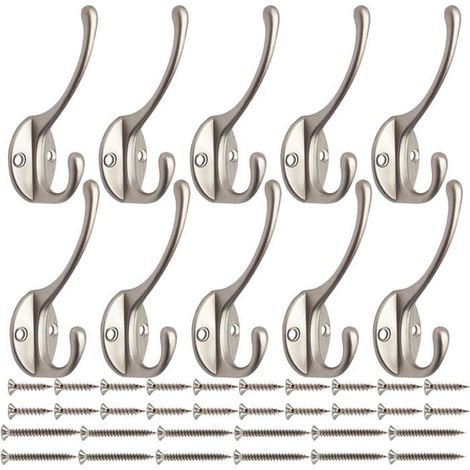 Lot de 10 Crochets Muraux Doubles Argentés, 40 Vis Inclus, Alliage de Zinc Résistant, pour Manteaux, Serviettes, Sacs, Clés, Salle (1/5)