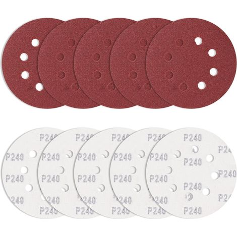 Lot de 10 Feuilles abrasives 125 mm Grain 240, disques abrasifs Ronds excentriques 8 Trous pour ébavurage et ponçage des Points de Soudure (1/5)