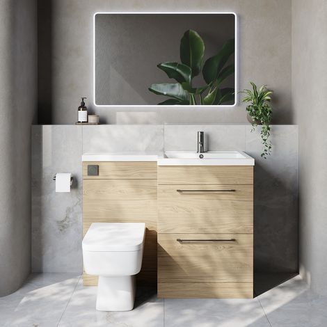 Napoli 460 Light Oak 1100mm 2 Drawer Vanity Unit Toilet Suite with Right Hand Square Lucia Basin - 1100mm - Gunmetal Grey 320mm HandleWith Kingston Toilet Pan and Seat
